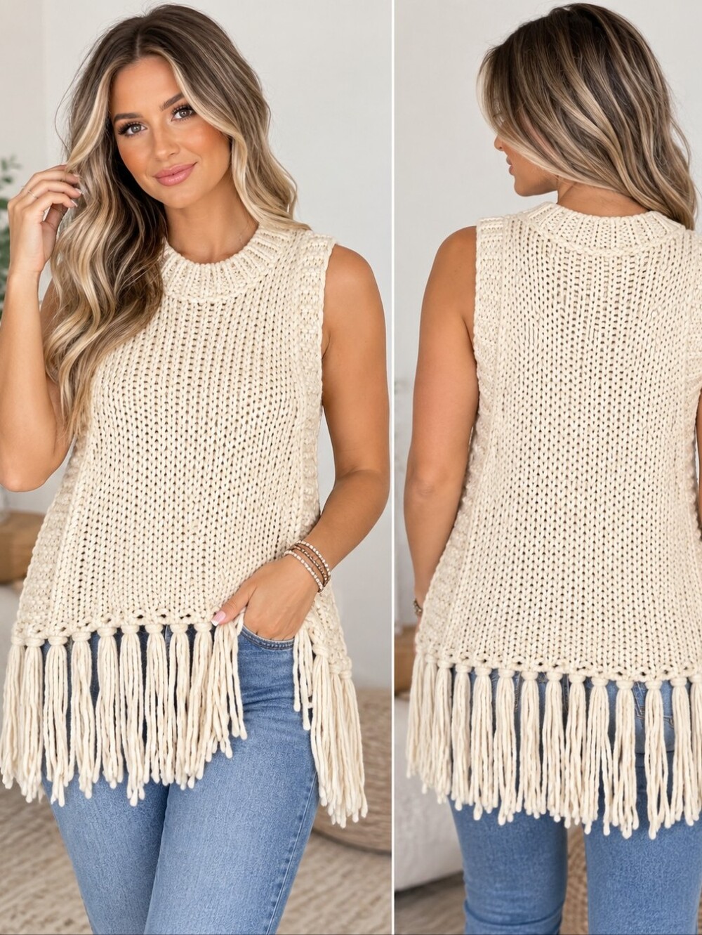 Lelis Collection Women’s M Ivory Chunky Knit Sweater Vest Fringe Boho Open Knit